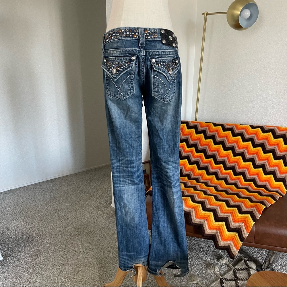 SOLD Y2K Miss Me Cowgirl Biker Studded Rhinestone Low Rise Boot Cut Jeans - Picture 2 of 12